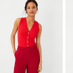 Red Ann Taylor Button Front V-Neck Sweater Shell